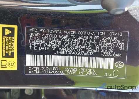 2013 Lexus Es 350 z USA, uszkodzony, nr VIN JTHBK1GG4D2076633